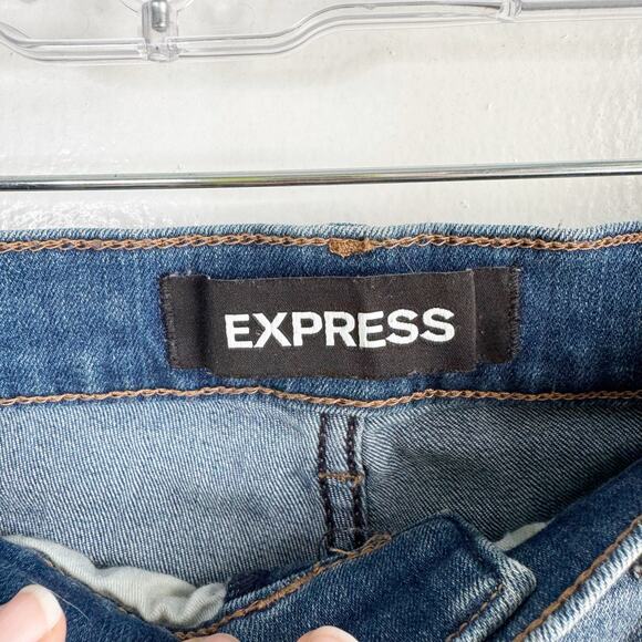 EXPRESS Perfect Curves Leggings High Rise Jeans Blue Side Seam Stripe Raw Hem 12 - Picture 8 of 13